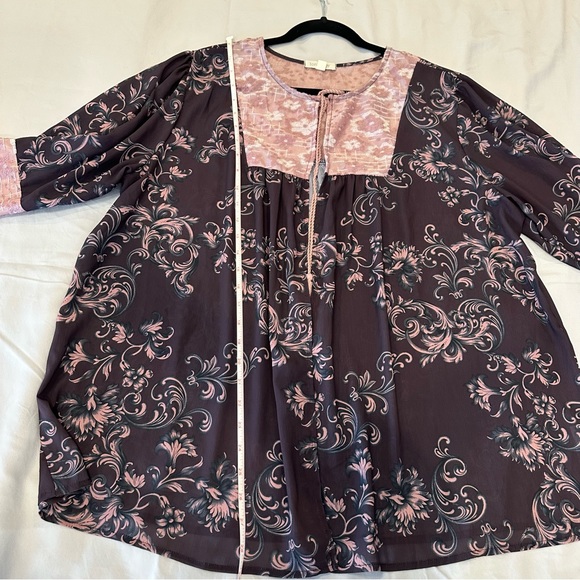 Loralette Flowered Kimono 1X. String Tie Closure. Brown With Pink Velvet Trim - Picture 12 of 16